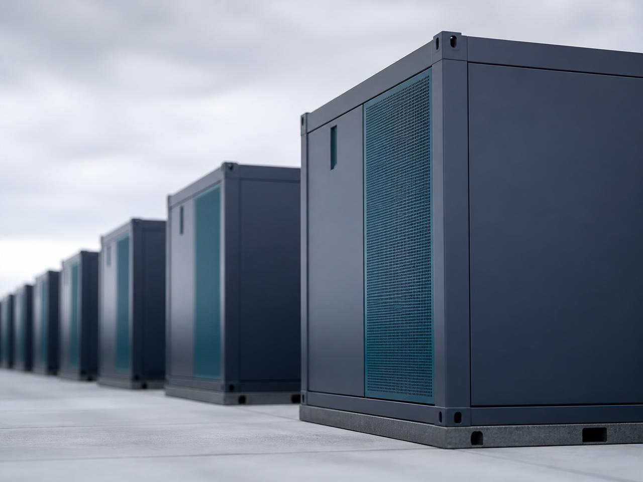 Reihe moderner Batteriespeicher-Container auf einem Anlagengelände